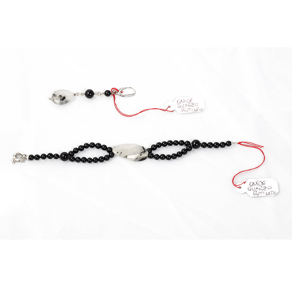 Set di bracciale e orecchini con Perle nere Pietra Onice Rutilato, moschettone(chiusura) in Argento