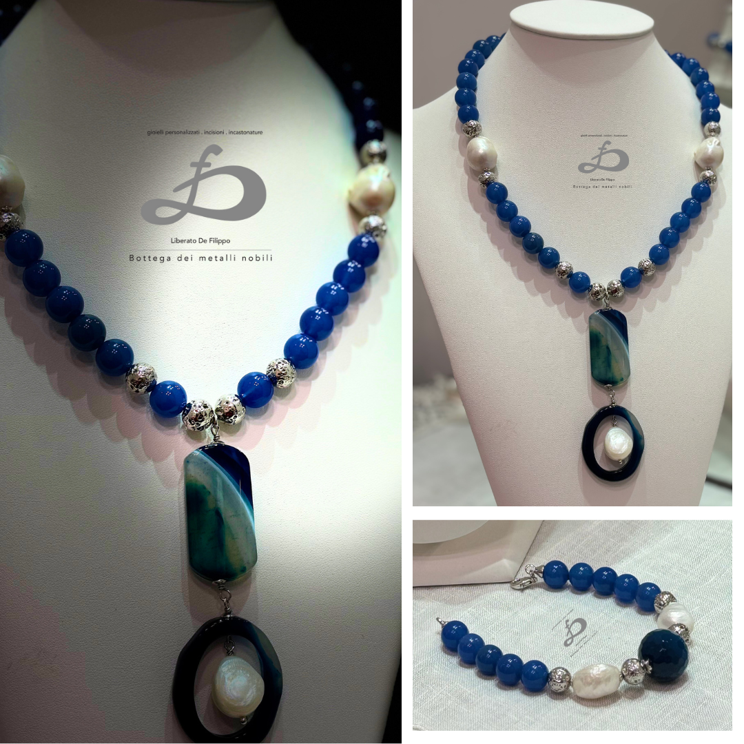Parure in Agata Blu, Perla Scaramazza e Pietra Lavica Rodiata