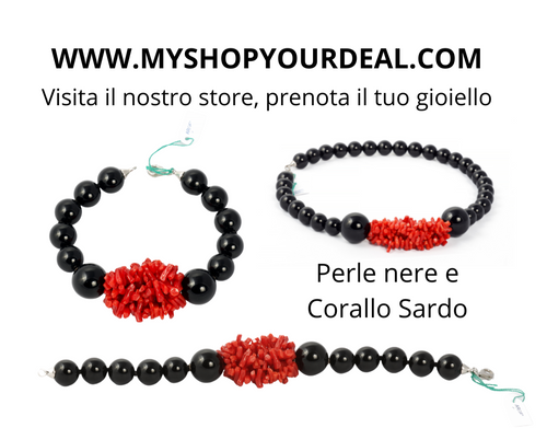 Parure braccaile e collana con Corallo Sardo e perle nere, chiusura in argento. Set Artigianale Unico, Originale.
